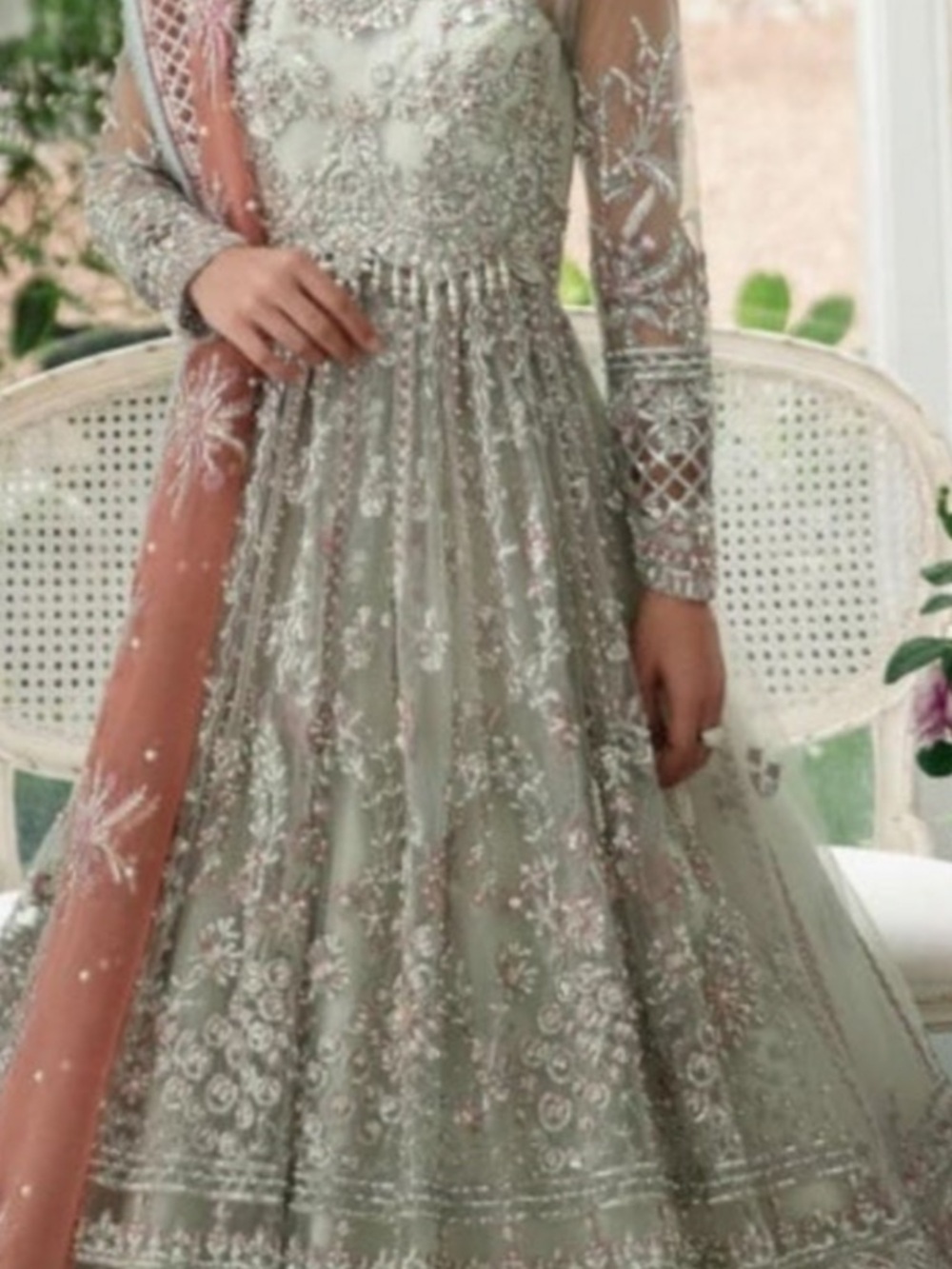 Embroidered Sage Green Long-Sleeve Formal Dress with Peach Scarf